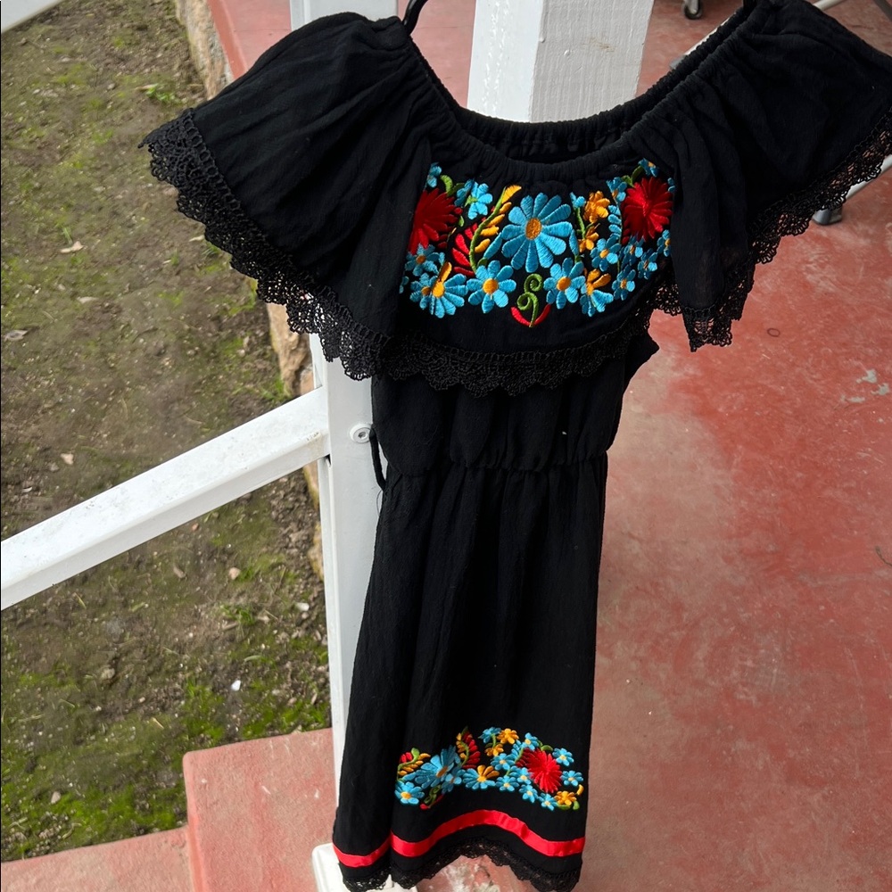 MEXICANA Black Dress with Floral Embroidery